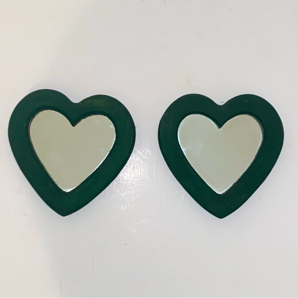 Vintage Hunter Green Painted Wooden Heart Shaped Accent Mirrors Set of 2